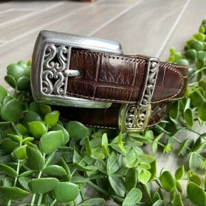 Brighton Brown Leather Mixed Patterned Sliver Embellished Belt Small